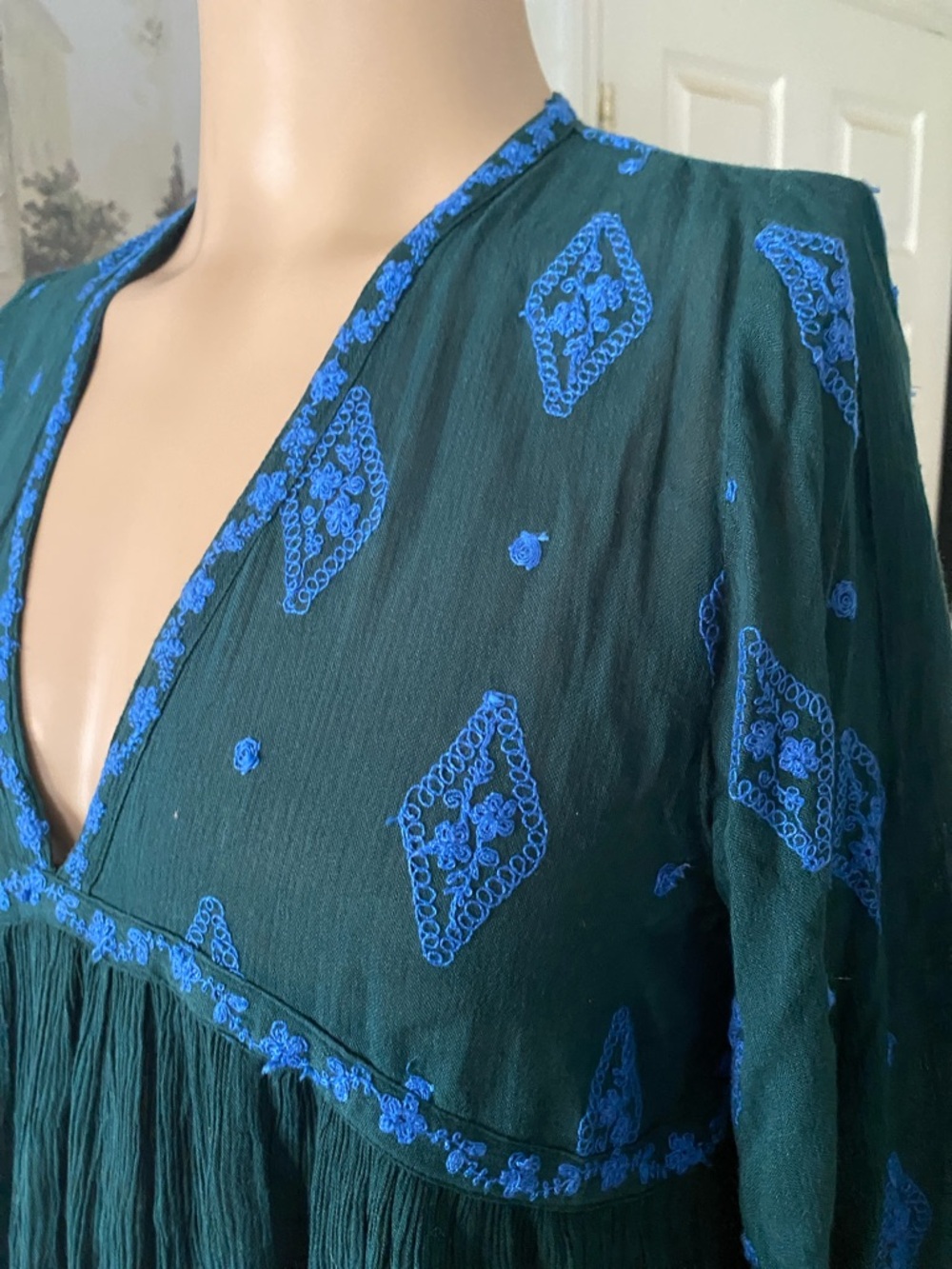 Free People Teal Top with Royal Blue Embroidery - Picture 4 of 7